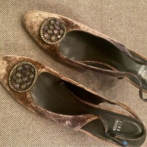 Purple sling back heelswith Ornamental Medallions